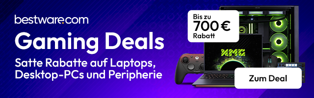 Werbebanner zu den Gaming Deals auf Bestware.com: Satte Rabatte auf Laptops, Desktop-PCs und Peripherie. Bis zu 700 € Rabatt