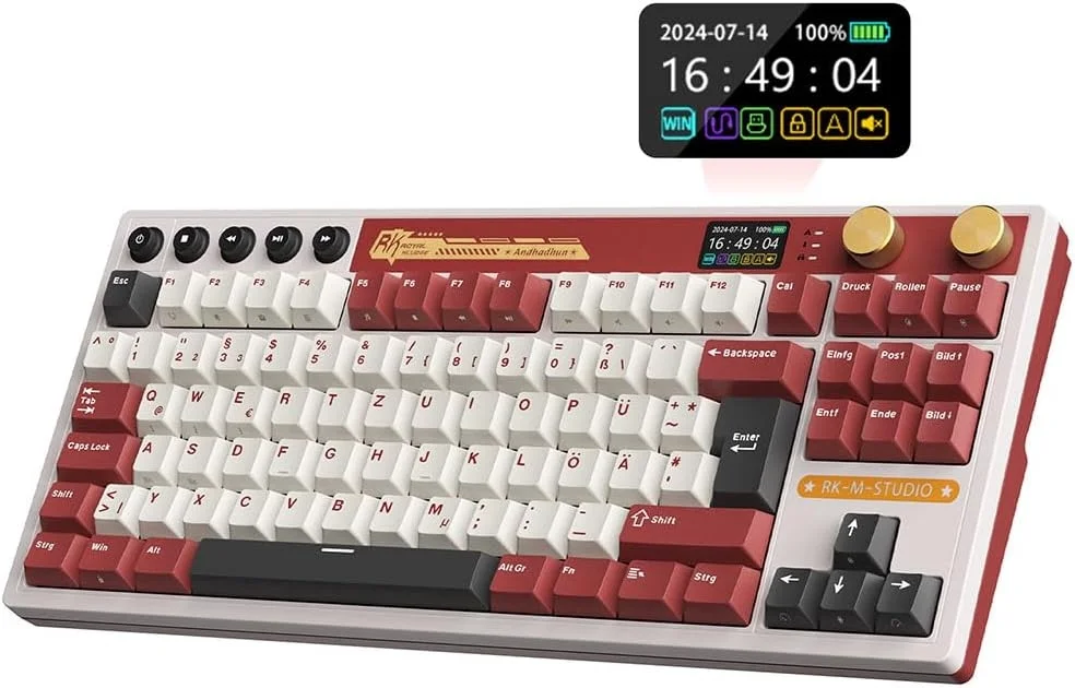ROYAL KLUDGE M87 (TKL, ISO-DE, Wireless, linear, PBT, 7500mAh, LCD-Display, Hot-Swap, Multimedia-Tasten, 2x Drehregler, Multimediatasten)